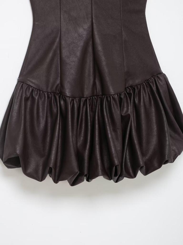 2025 Autumn/Winter Women's European & American Style Leather Effect Jumpsuit Puffy Dress