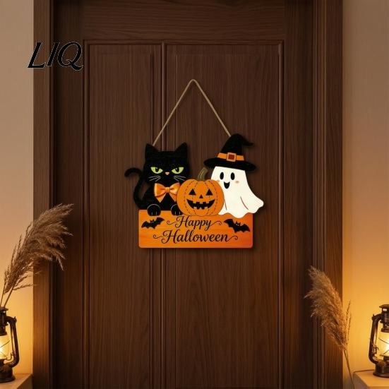 Halloween Party Background Props Door Sign with Hemp Rope Lanyard, Pumpkin Ghost Printed Hanging Decorative Plaque for Home Entrance Plaque,
