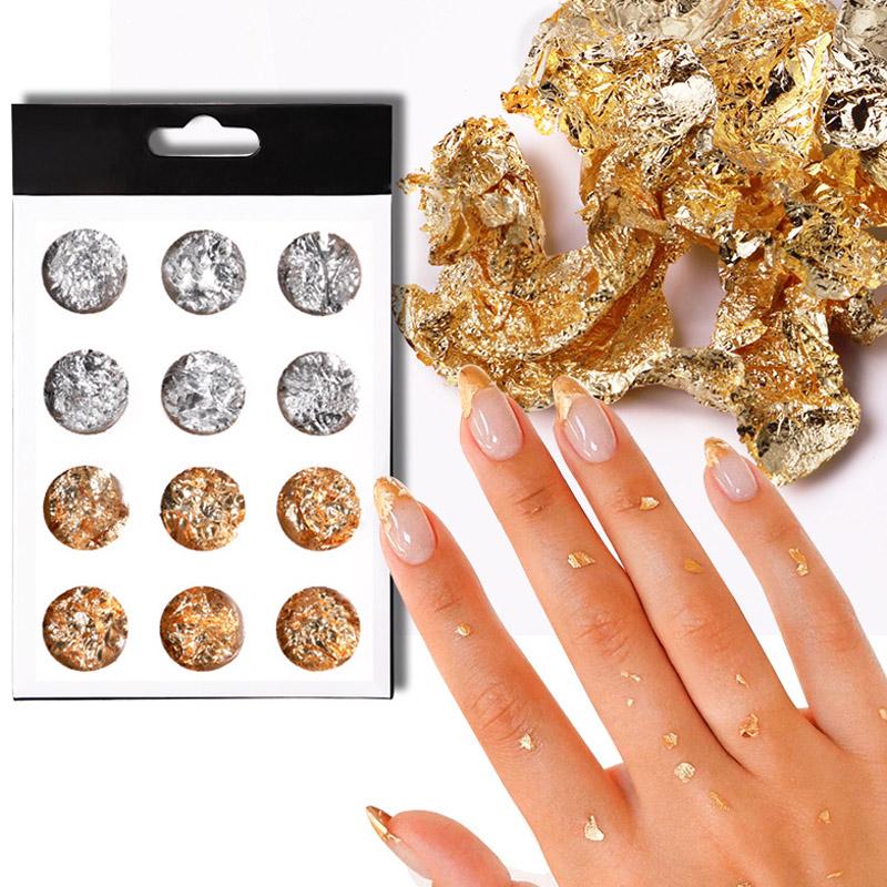 12 mřížkových nehtových dekorací, ultratenká zlato-stříbrná alobalová fólie, 3D třpytky, DIY nehtové umění, UV gelový lak na nehty, nástroj pro zdobení nehtů, fólie