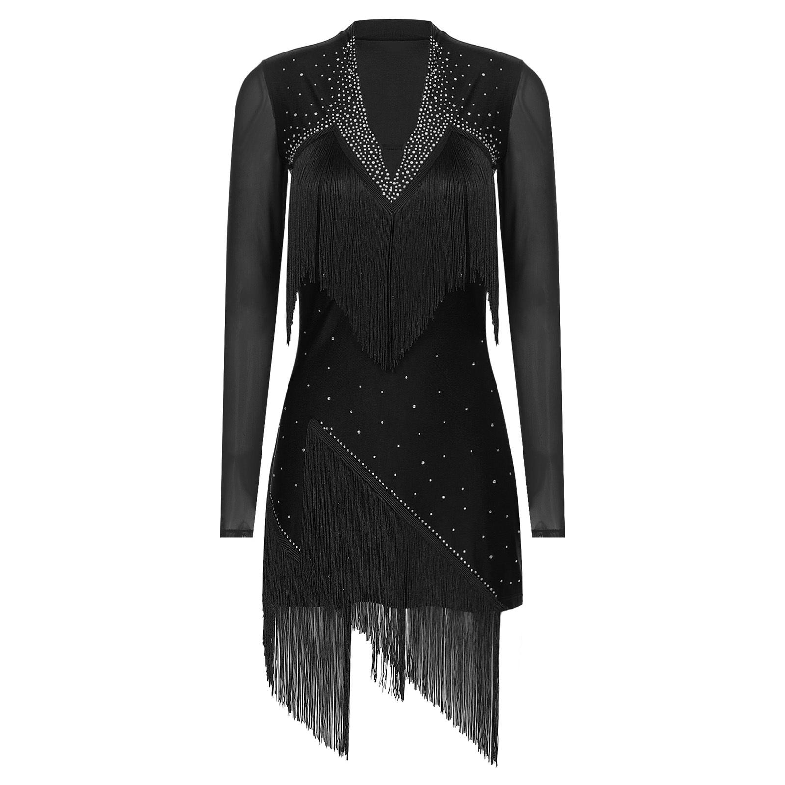 

Женское платье для латинских танцев с V-образным вырезом и длинным рукавом, блестящая бахрома из страз, костюм для выступлений в стиле танго, румба, ча-ча-ча S чёрный