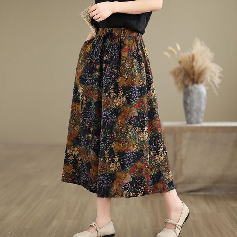 Ethnic Style Ice Silk Floral Wide Leg Pants Summer Loose Casual Seven Quarter Straight Leg Pants