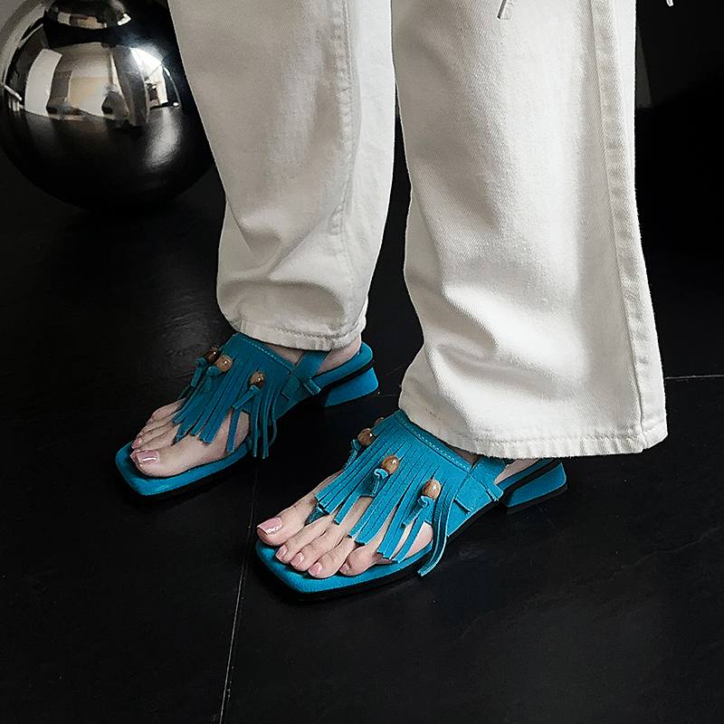 Krazing Pot Cow Suede Nubuck Summer Size 40 Hook Loop Tassel Fringe Low Heels Women Peep Toe Sandals