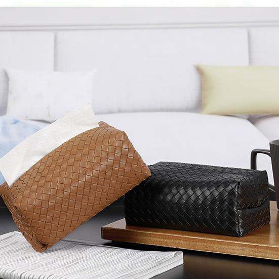Yousheng PU Leather Tissue Box, with Smooth Paper Outlet Opening, Soft Rounded Weaving Surface Tissue Holder for Home