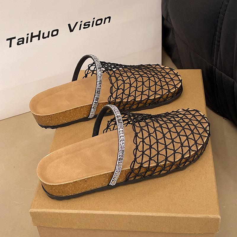 Baotou Mesh Half Slippers Women's Outer Wear 2025 Summer New Thick-soled Roman Hollow Breathable Comfortable Beach Cool Slippers