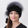 Women's Mink & Fox Fur Hat - Natural Real Fur Knitted Beanie with Pompoms, Warm Elastic Winter Trapper Cap for Ladies