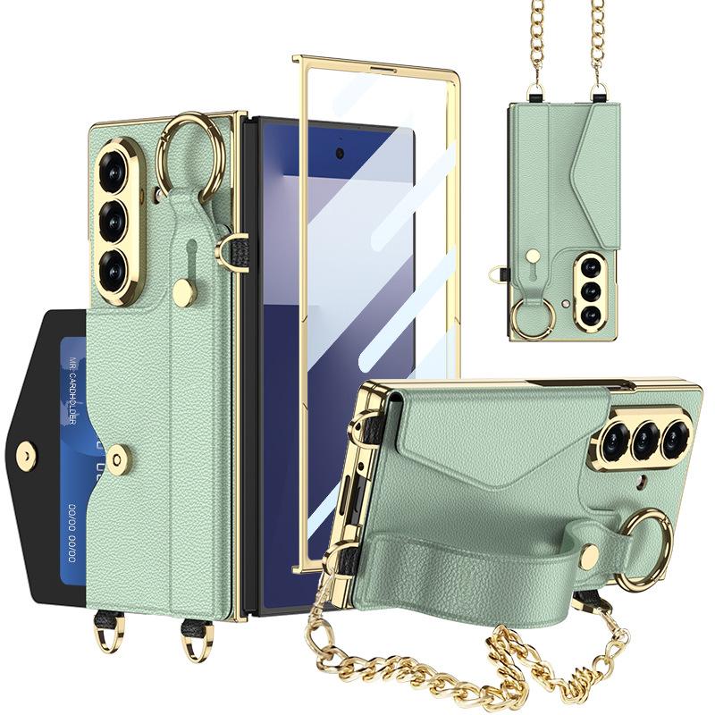 Pouzdro na mobilní telefon Samsung ZFold7 Fold6 Galvanizovaný řetízek Šňůrka Kožené pouzdro Náramek Skořepina Fólie Kapsa na karty