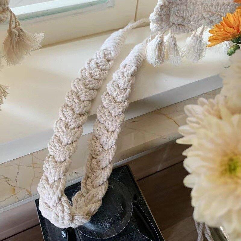 Boho Macrame Cotton Curtain Tieback, No Drill Linen Curtain Strap, INS Beige Curtain Holder for Bedroom/Living Room