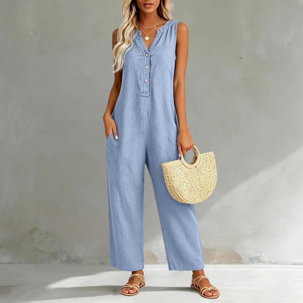 Damen Freizeit Ärmelloser V-Ausschnitt Knopfleiste Strampler Weiter Baggy Latzhose Mit Tasche