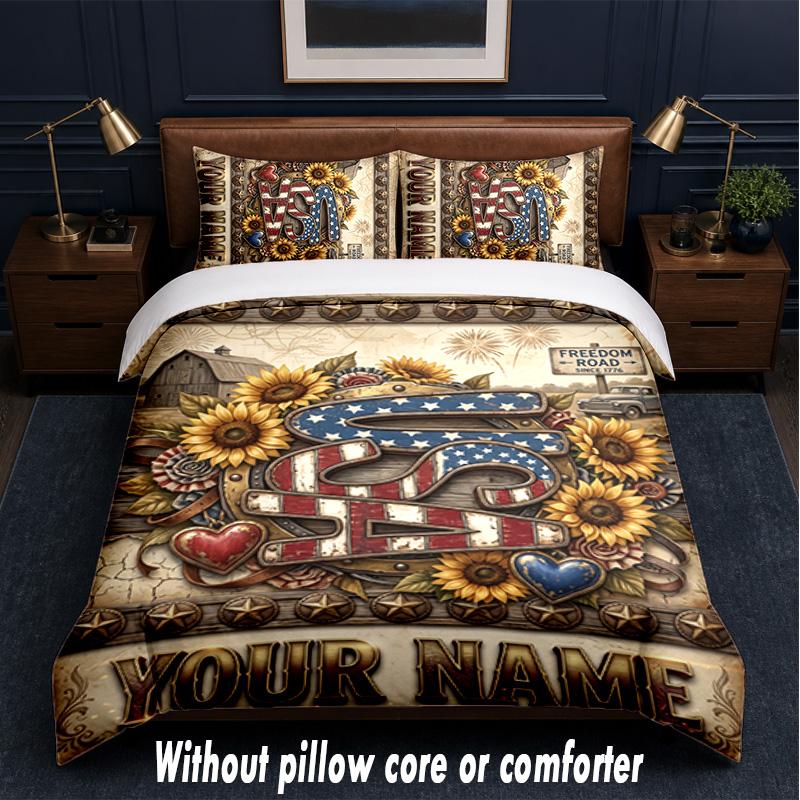 Set de așternut cu tematică patriotică americană, text sau nume personalizat, 3 piese, 1 cearșaf de deasupra și 2 fețe de pernă, așternut personalizat pentru casă