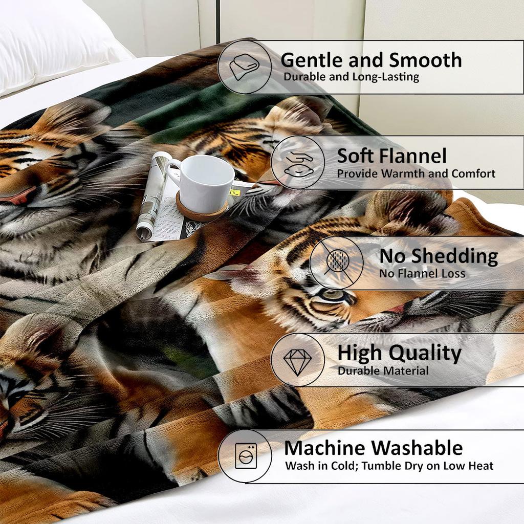 Forest Tiger Camping Print Throw Blanket - Cute Cartoon Animal Motif Soft Lightweight Accent for Sofa Bed Travel Office