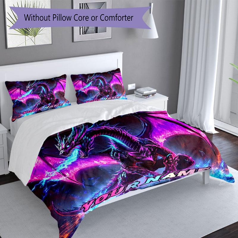 3PC Custom Name Electric Dragon Fantasy Bedding Set Duvet Cover Closure Includes 1 Duvet Cover & 2 Pillowcases for Bedroom