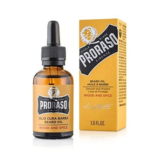 PRORASO Beard Oil Wood Spice aftershave treatment styling made Italy 30mL (x 1) softens protects long coarse beards scent softener men.