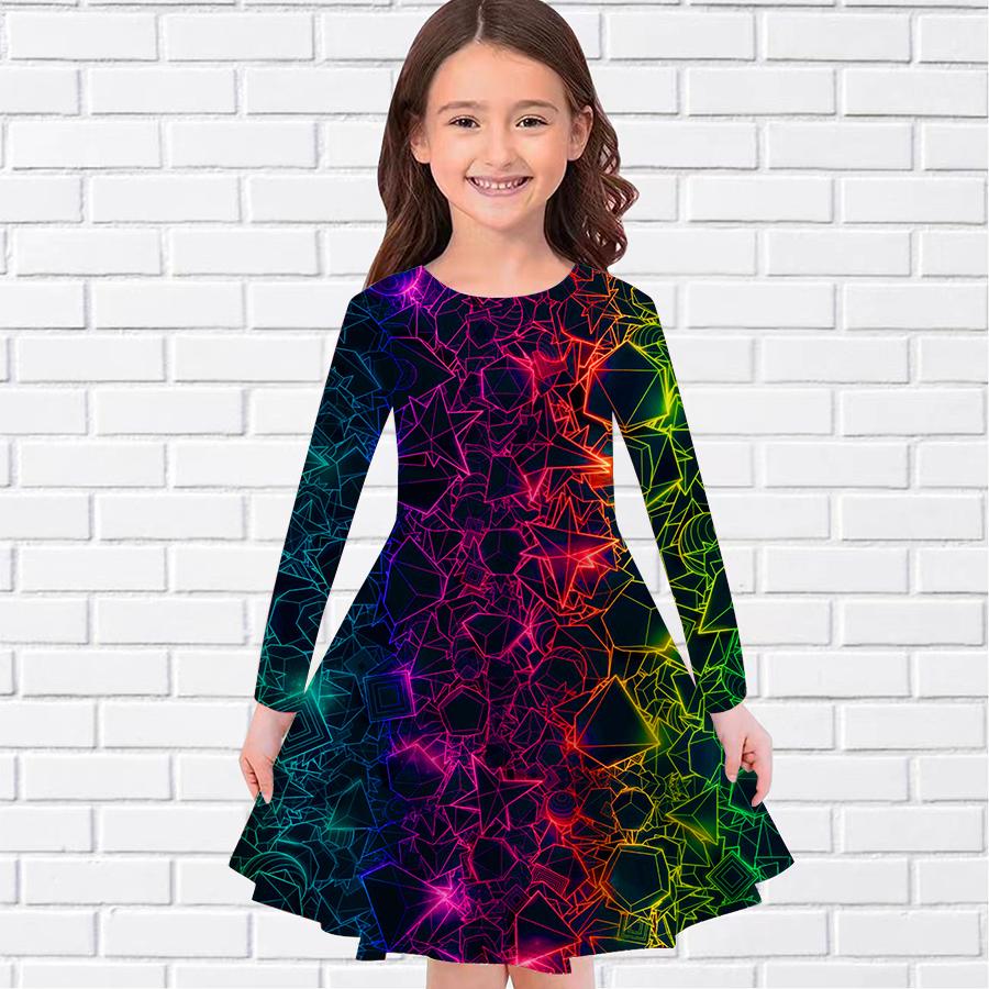 

Girl Casual Dopamine Geometry Print Round Neck Long Sleeve Dress Kid Princess Dress