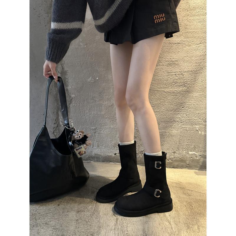 Cowhide version of retro locomotive buckle with round head thick sole heightening medium tube short boots autumn and winter Martin boots women