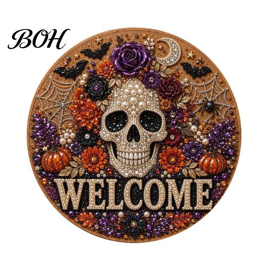 Beginner Friendly Door Sign Kit Halloween Faux Pearl Kit, Ghost Skull Skeleton Cat Welcome Decorative Painting Crafts Handmade Arts for Wall