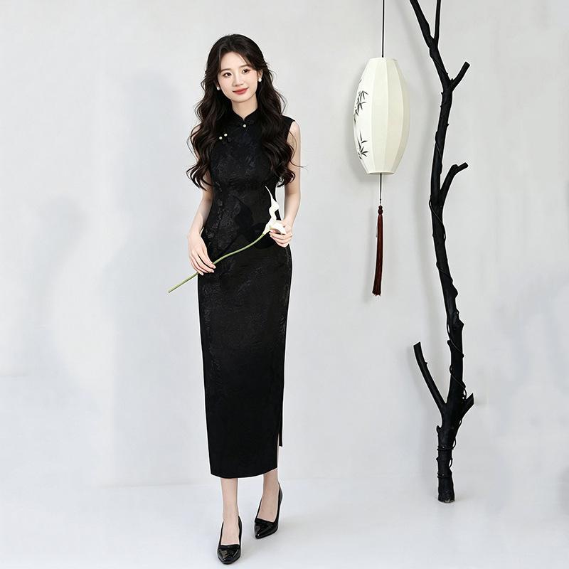 Siyah, ulusal tarz, yeni Çin tarzı, Suzhou kolsuz uzun cheongsam, geliştirilmiş genç 1011 yeni kadın yüksek kaliteli