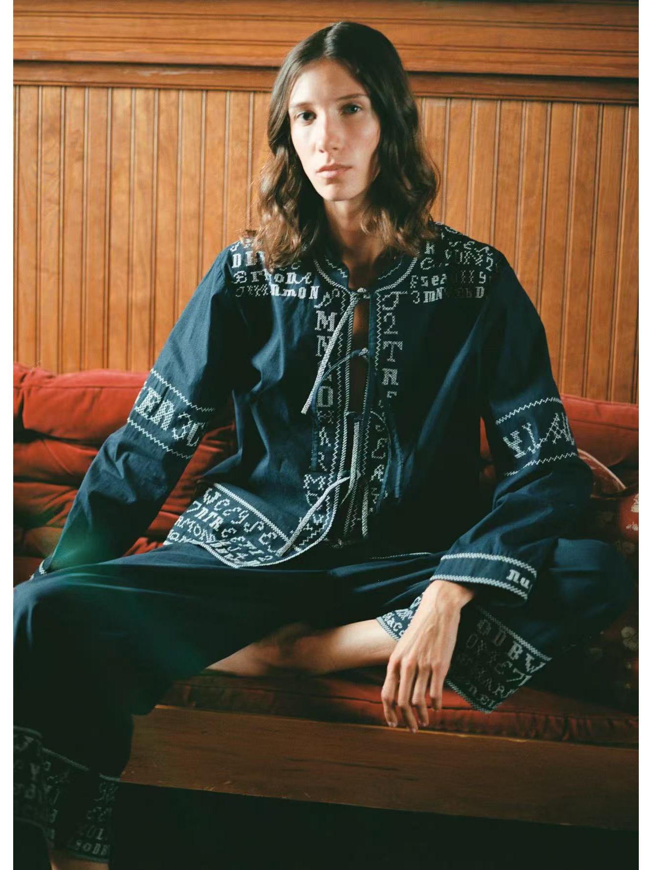 Spring/Summer Retro Cross Embroidered Lace-up Loose Long Sleeve Shirt L синий