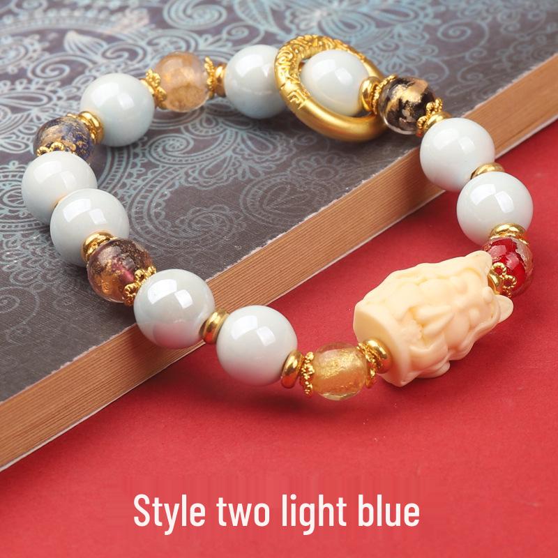 Beijing Nine-Tailed Fox Ceramic Bracelet: Incense Ash Glazed Court Style with Beads