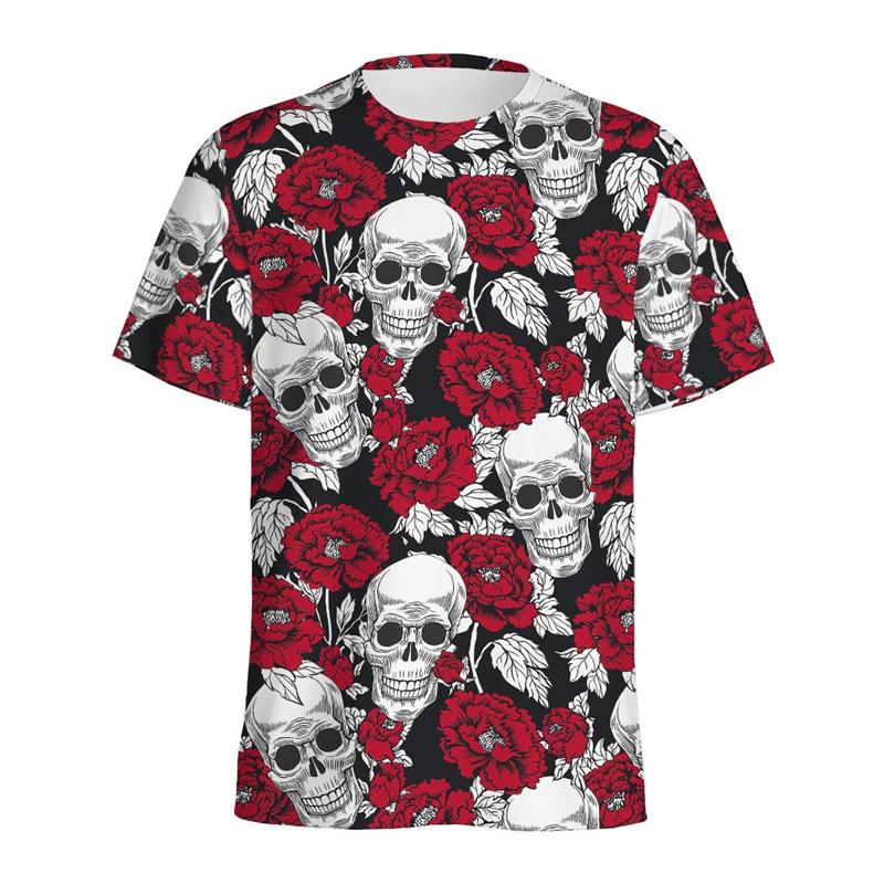 Sommer Rundhals 3D Pfingstrose Blume Totenkopf Muster Bedrucktes Top Modisch Lässig Kurzärmelig Kinder Jungen T-Shirts