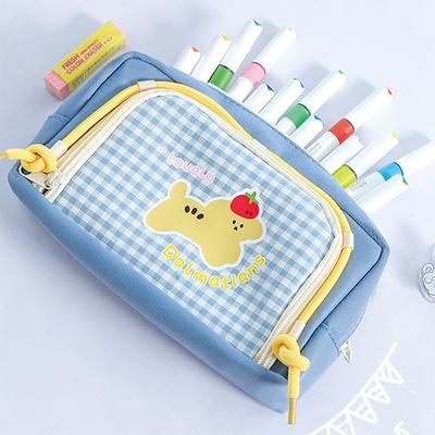 Trousse à Crayons Chien Mignon à Carreaux Rétro – Grande Capacité Kawaii Organisateur d'Accessoires – Pochette à Stylo Tendance