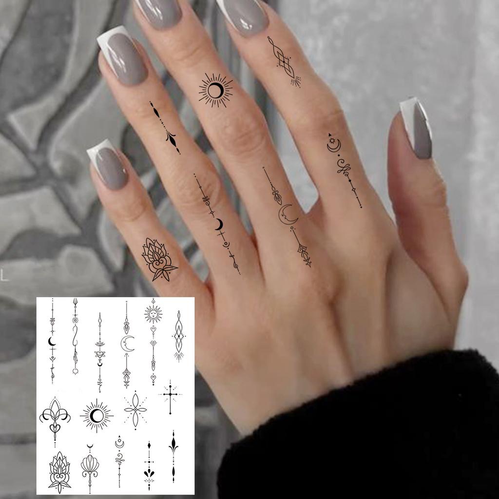 1 Sheet Sun Crescent Totem Chain Temporary Tattoos For Women Finger, Fake Tattoo Sticker Waterproof Long Lasting Realistic Tatoo