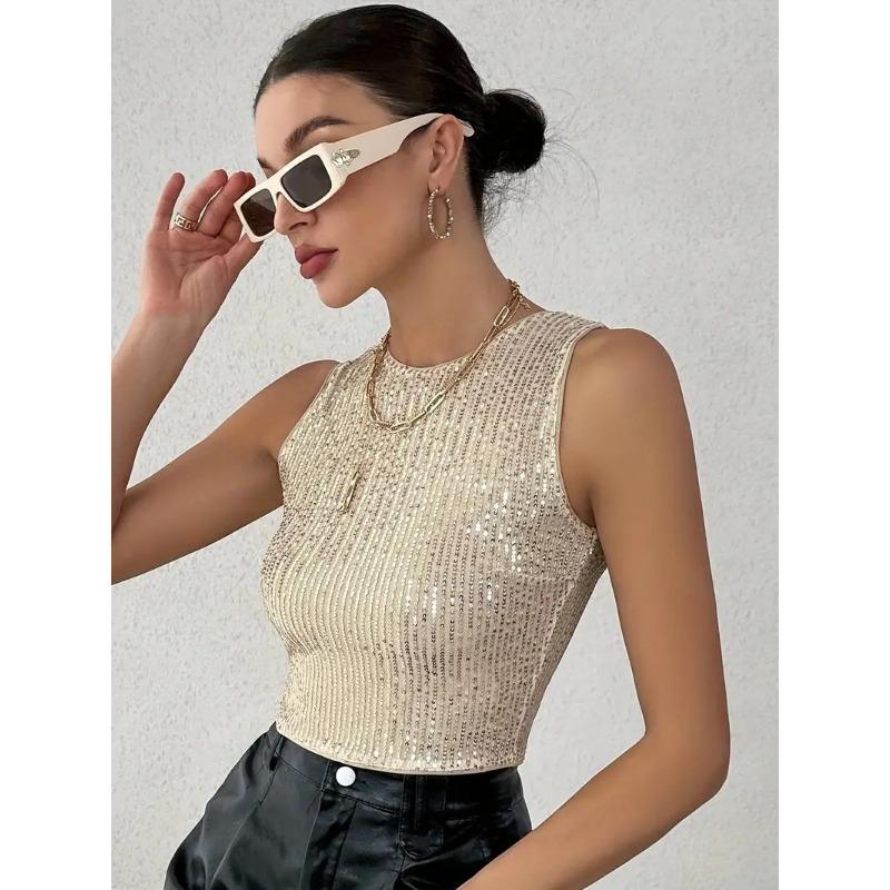 Women Fashion Sequins Slim Fit Sleeveless Cropped Casual Tank Top