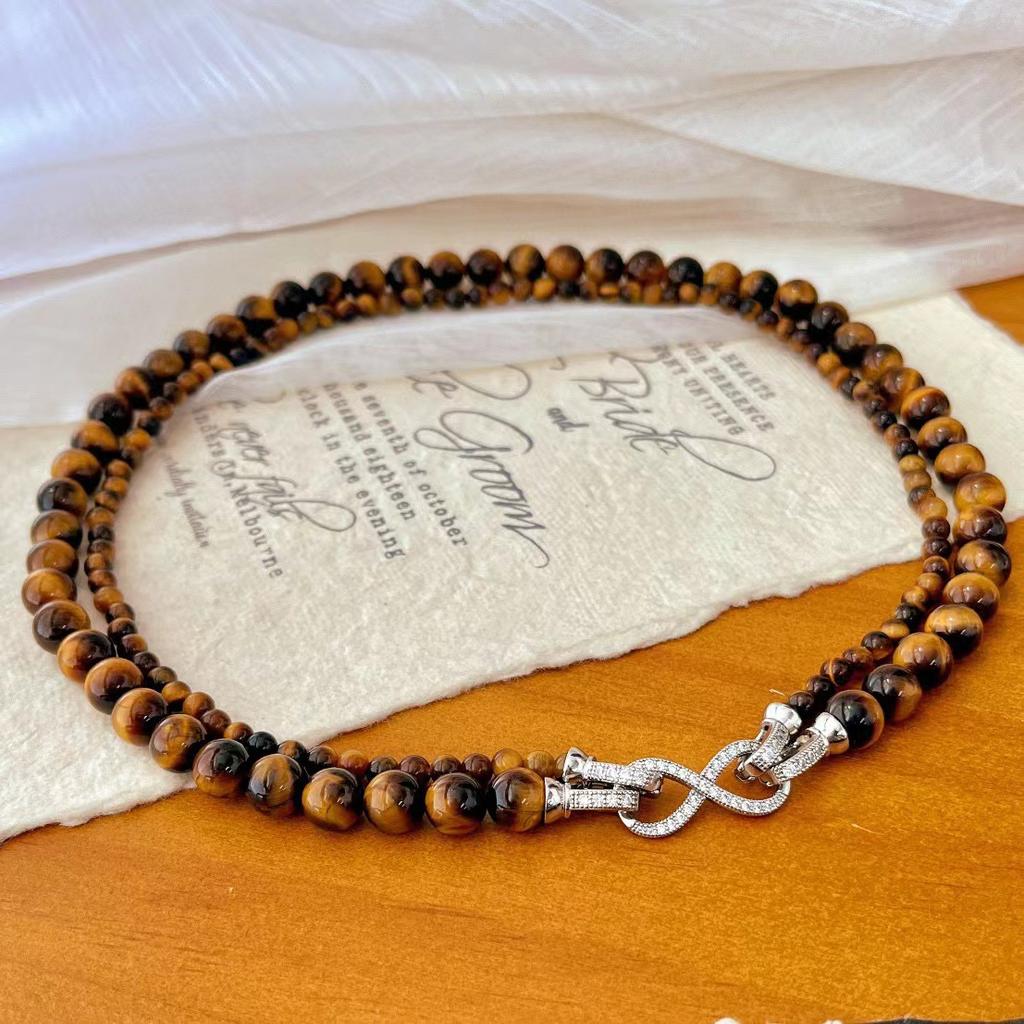 Vintage Maillard Wind Autumn And Winter Natural Tiger'S Eye Stone Double-Layer Multi-Wearing High-End Necklace Sweater Chain