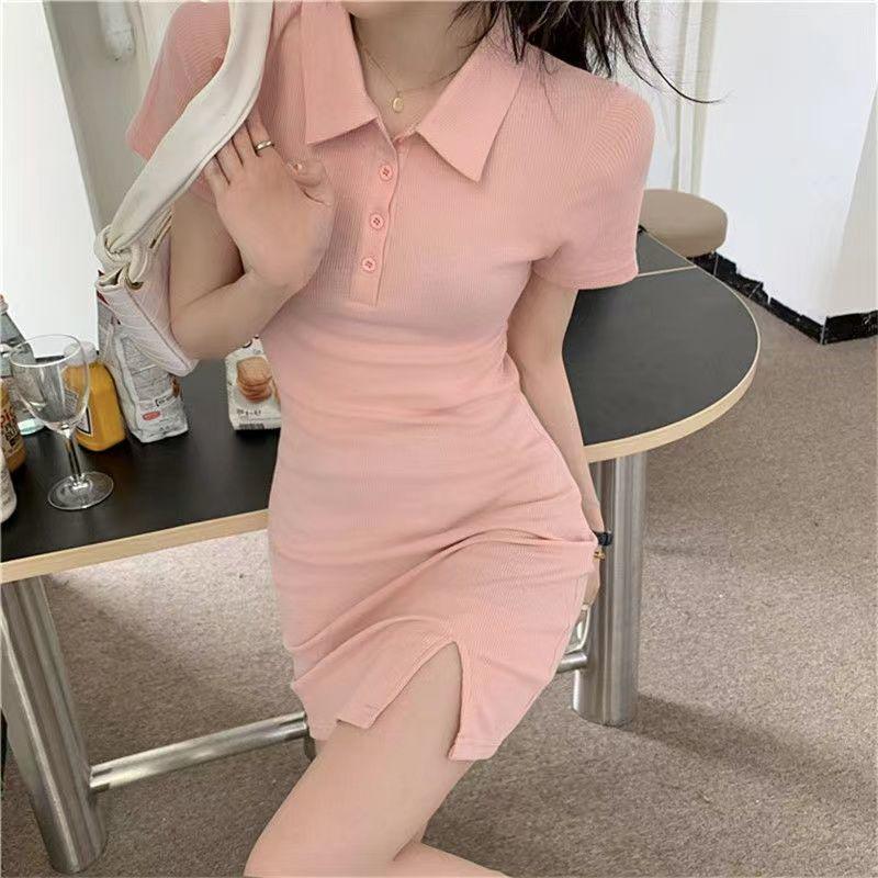2026 New Korean Style Women's Slim Fit Polo Collar Spicy Girl Dress with Hip-Hugging Slit Skirt