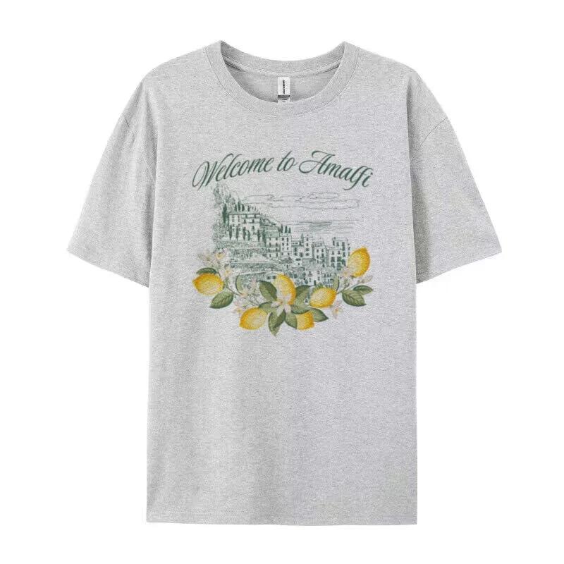 Italian Lemon Printed TShirt Retro Amalfi Coast Graphic Tees Short Sleeve Cotton Travel Tshirts Women Aesthetic Vacation Tops S