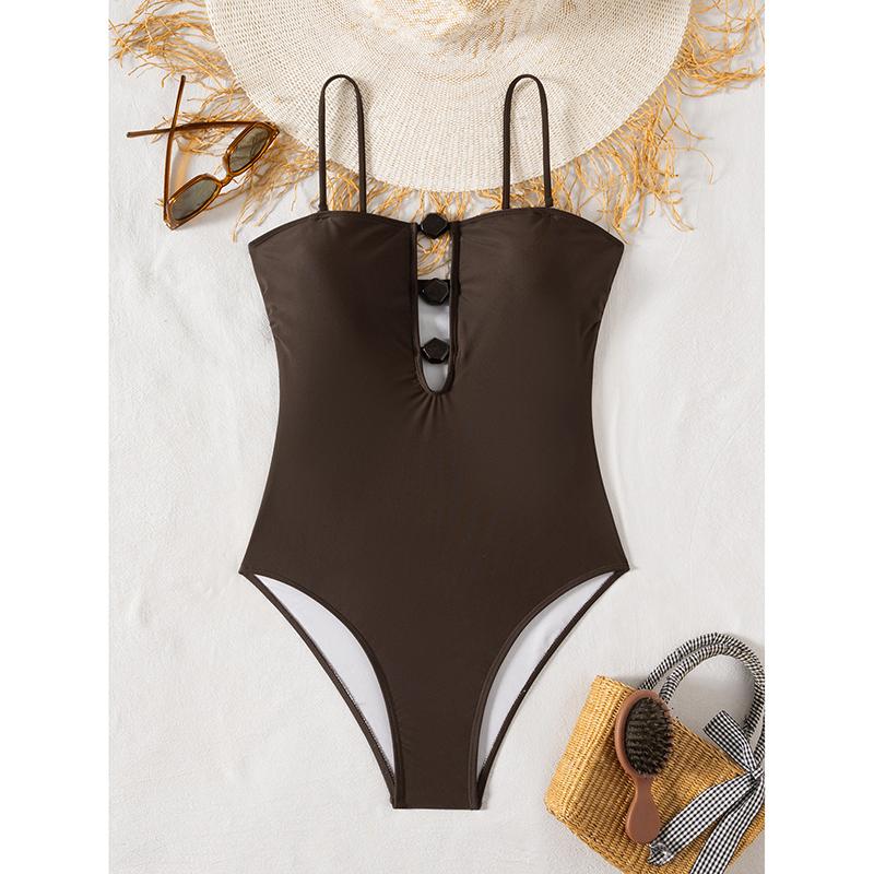 

Hollow Out One Piece Swimsuit Women Sexy Swimwear Push Up Bikini Female Biquini V Neck Bathingsuit Bodysuit Beachwear XL коричневий