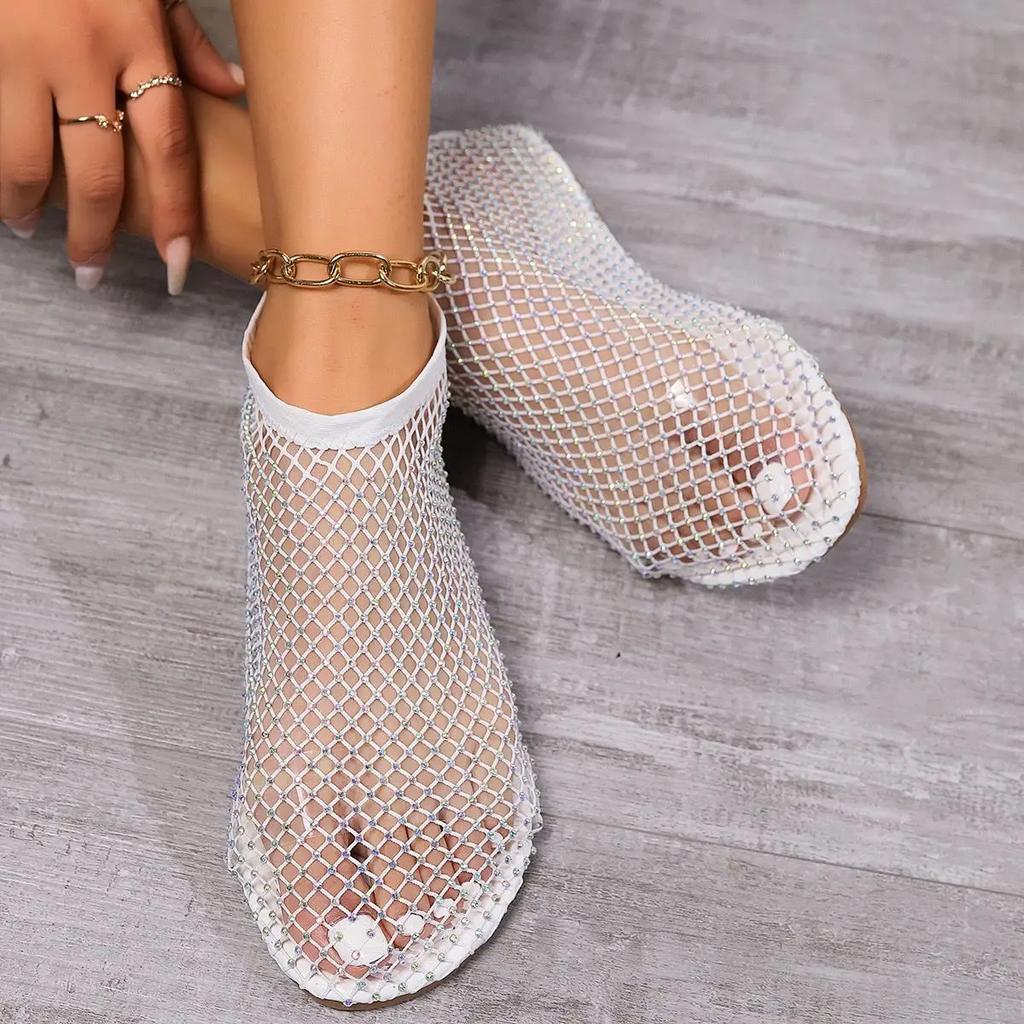 Fashion New Women Luxury 2025 Brand Round Toe Flat Bottom Sandals Summer Hollow Short Boots Water Diamond Sexy Flat Bottom Shoes Sandals
