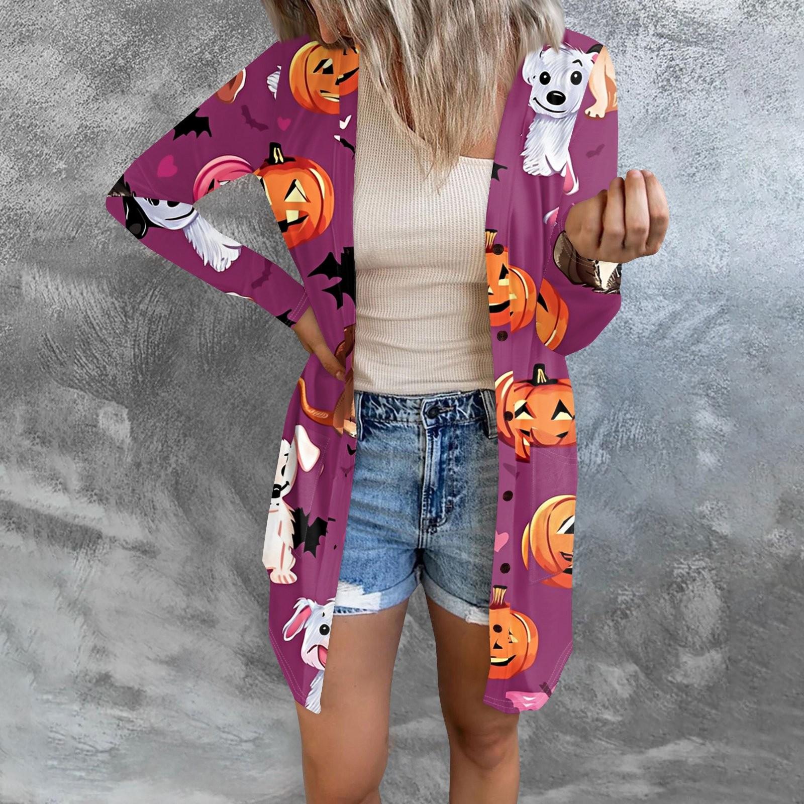 

Женский повседневный кардиган, топ с длинными рукавами и карманами с принтом на Хэллоуин L фиолетовый