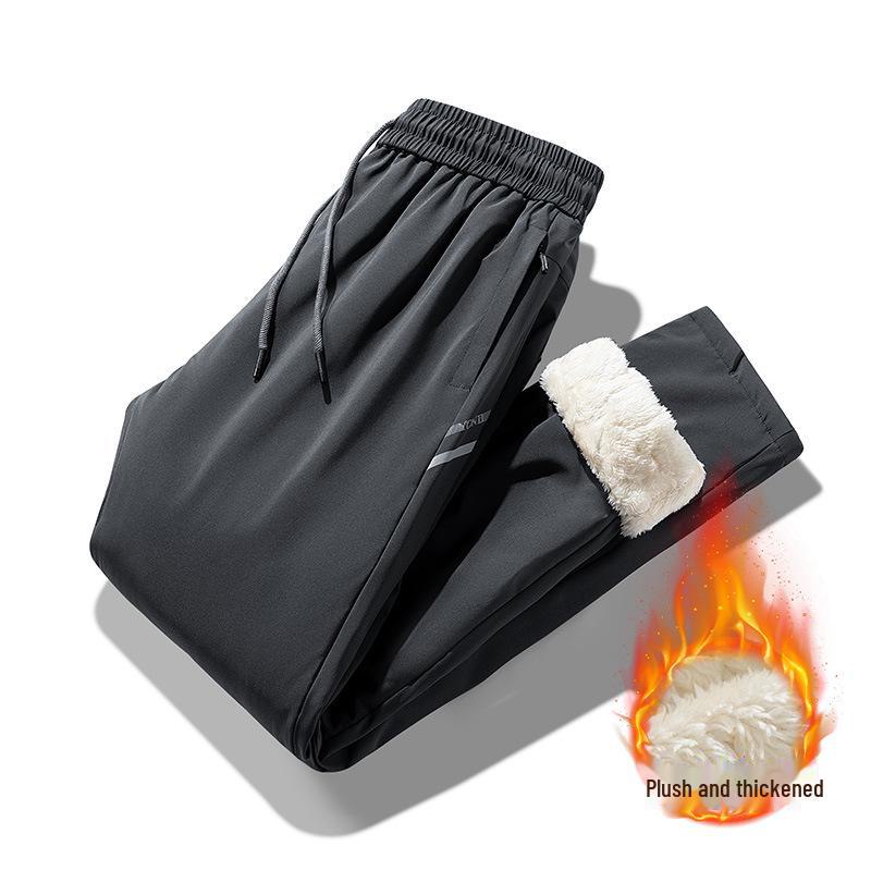 Men’s Warm Windproof Cotton Sweatpants: Large Size, Fleece-Lined Lambskin for Autumn & Winter