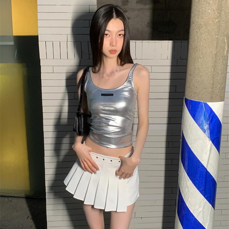 Women Crop Top Silver Slim Sleeveless Camisole Top