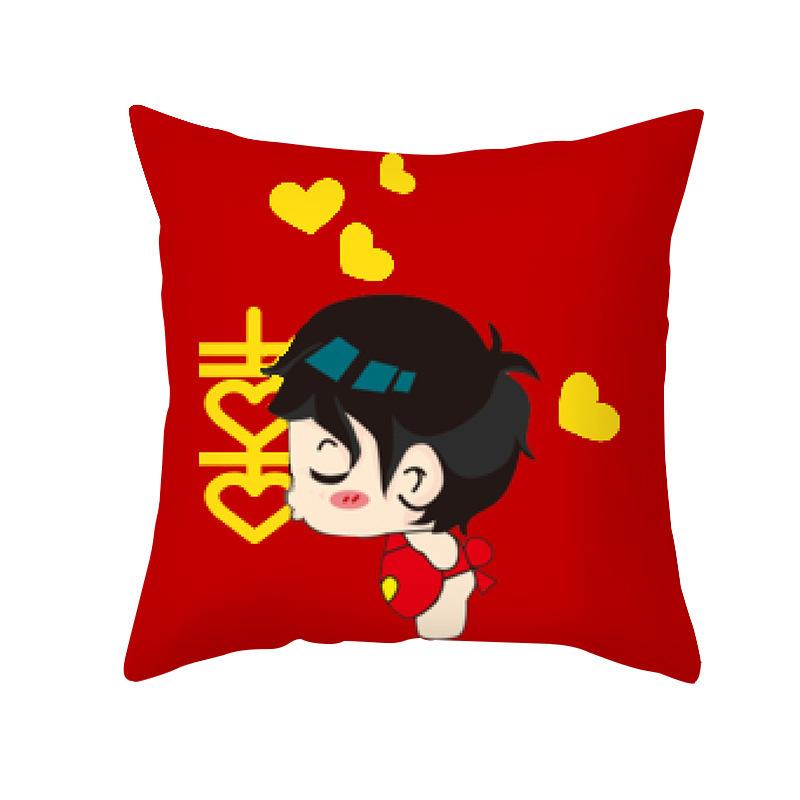 Red Double Happiness Character Pattern Throw Pillow Cover With Short Plush Print For Living Room Sofa Decoration Cushion Cover