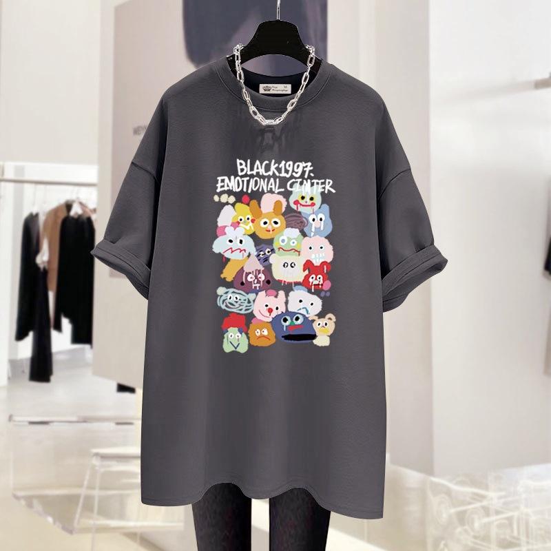 T-shirt Noir à Manches Courtes pour Femme Style Vintage Américain Été Mise à Jour Dessin Animé Doodle Grande Taille Coupe Confortable Coton Longueur Moyenne