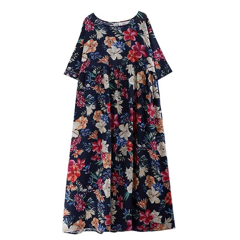 Johnature Simple Bohemian Dresses Women Summer O-neck Short Sleeve Floral Print Loose Navy Female Pockets Dresses