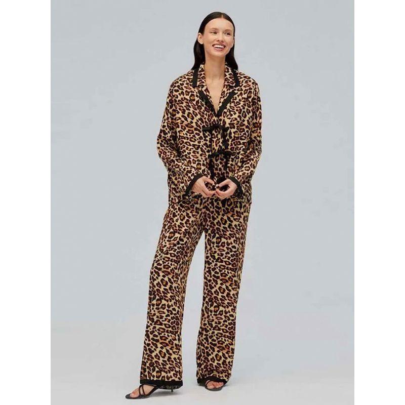 

Dutch Light Luxury ~ Brown Leopard Print Lace-up Rayon Pajamas Women s Suit High-Grade Spring and Summer Long sleeve Fashion Homewear Bows Shoelace button leopard print L