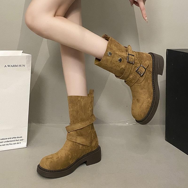 Vintage Thick Heel Martin Boots Platform Mid Boots Women's Shoes 2025 Autumn and Winter New Maillard Western Cowboy Boots