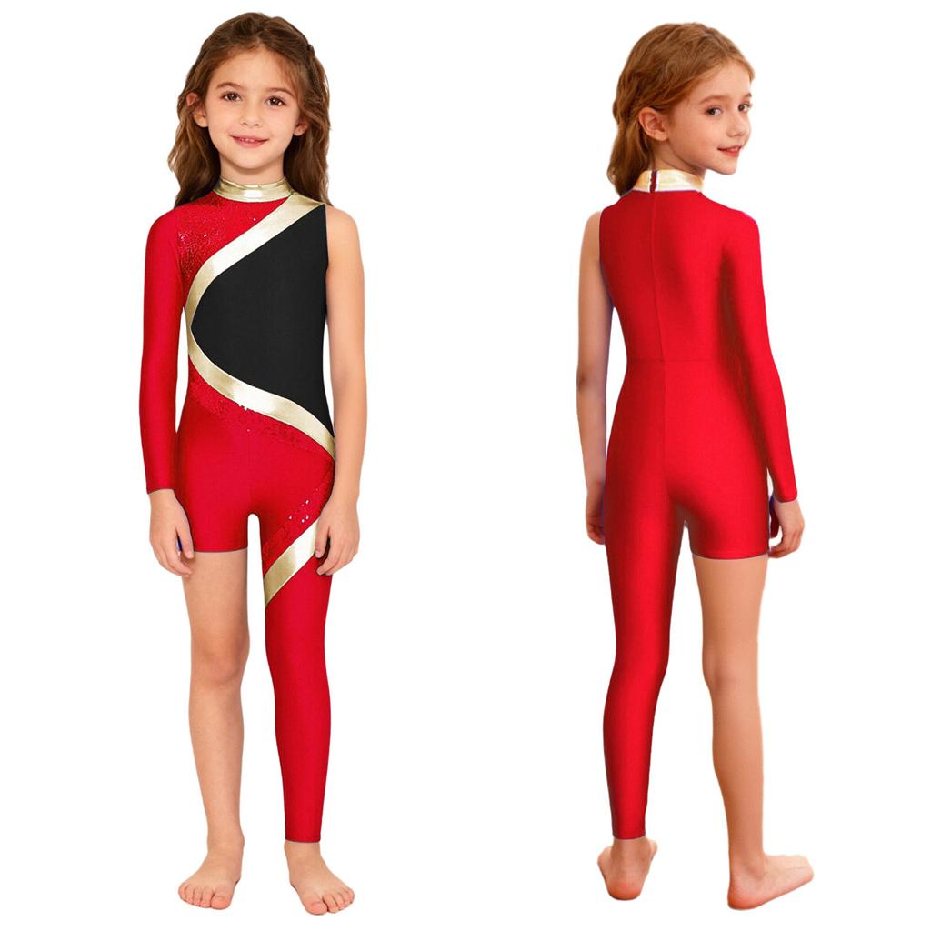 Kids Girls Stage Performance Jumpsuit: Mock Neck Shiny Sequins Color Block Asymmetrical Cut with Back Invisible Zipper