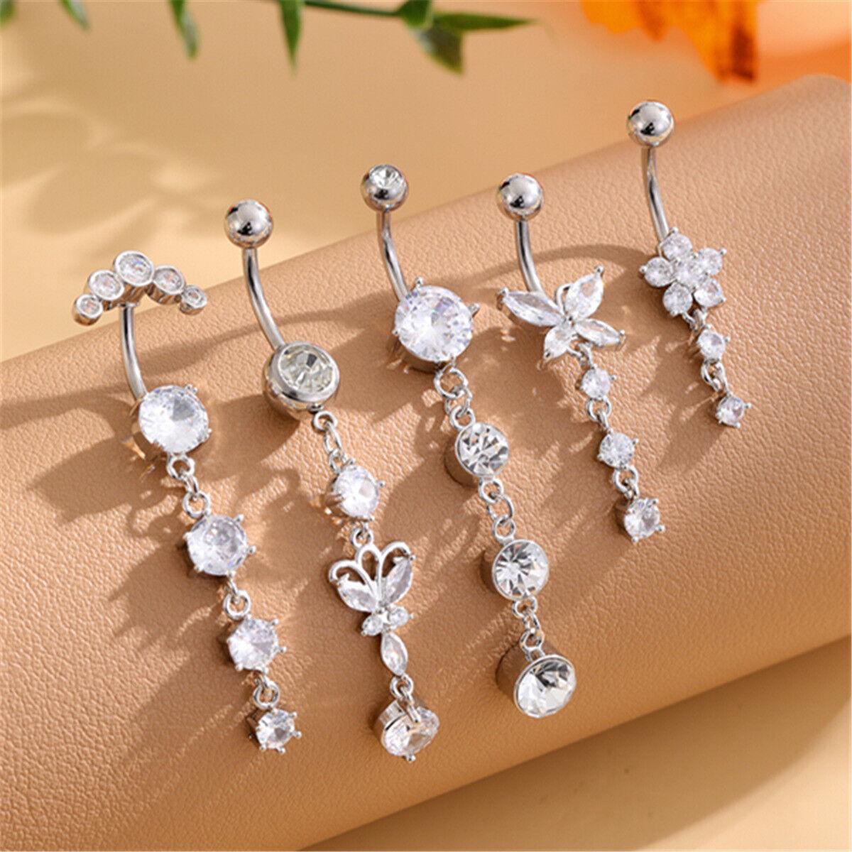 

5 шт./лот, наборы колец с бабочкой и цветком, масло для живота, 14 г, золотой цвет, кристалл циркона, пирсинг пупка, Nombril, украшения для тела серебряный