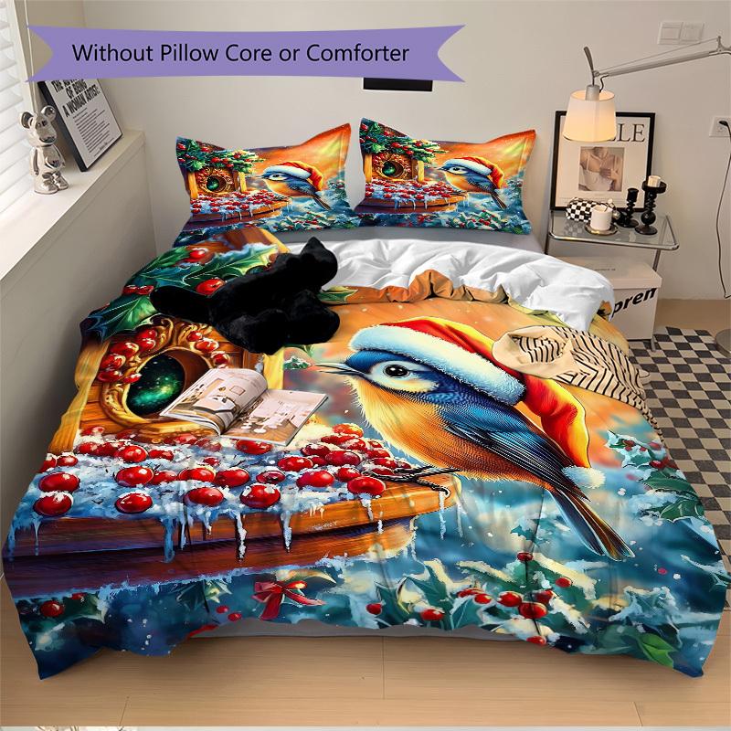 

3pcs Christmas Festive Bird with Santa Hat Bedding Set - Includes One Quilt Cover and Two Pillowcases (No Core) - Home Decor, Holiday Gift, 135x200cm