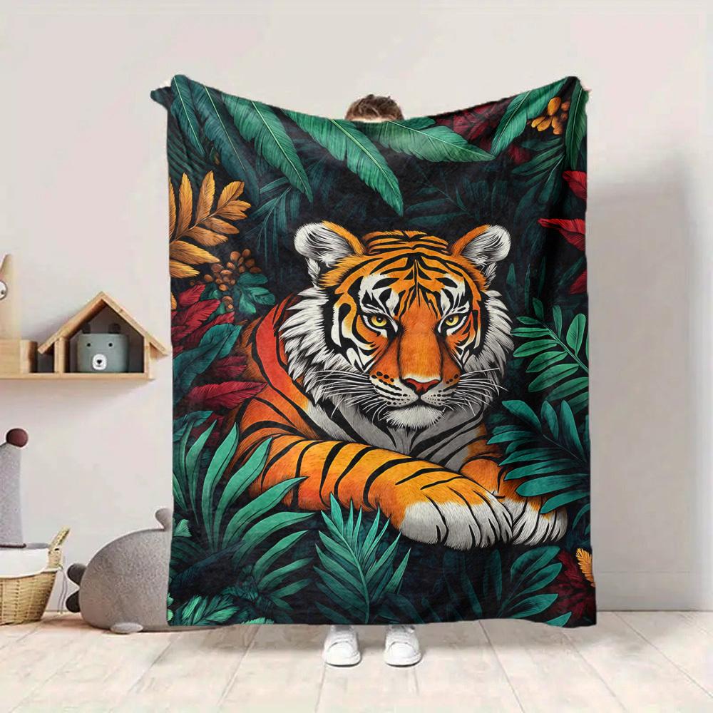 1pc Tiger Jungle Print Blanket, Lightweight Flannel Fleece with Digital Printing, Soft Warm for Sofa, Travel, Camping, Office, Couch, Chair, and Bed,