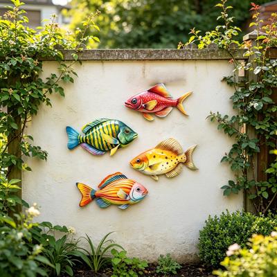 4 Stuks Houten Vissen Strand Muurdecoratie Nautische Kust Muursculptuur Oceaan Tropische Vissen Hangende Muurkunst voor Meerhuis Badkamer Terras Schutting Zwembad Decor