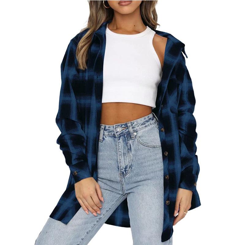 New Women's Top with Collar Long Sleeves Loose and Casual Checkered Shirt