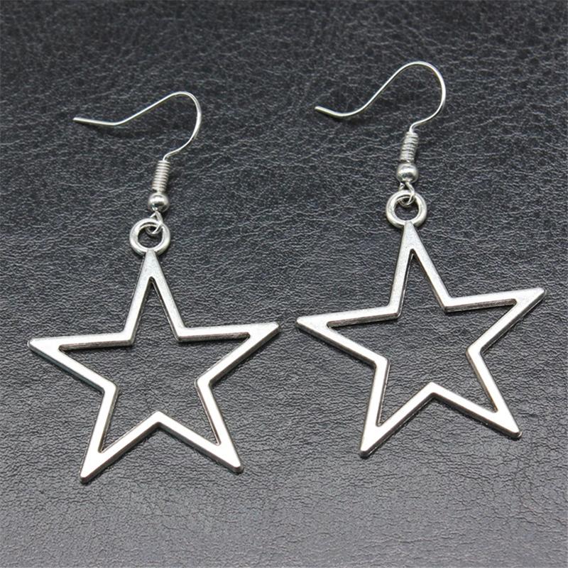 Fashion Handmade Simple Design Antique Silver Color Hollow Star Pendant Drop Earrings Women Vintage Pentagram Jewelry