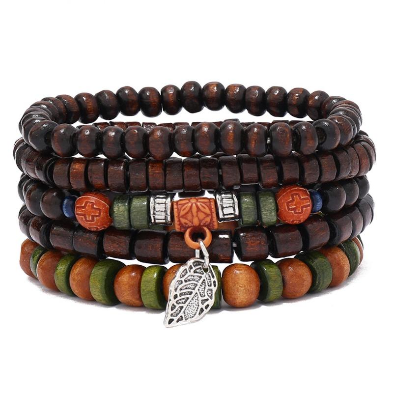 Hot-selling Handmade Beaded Bracelet Men's Retro Fashion Leaf Cross Five-piece Bracelet Set