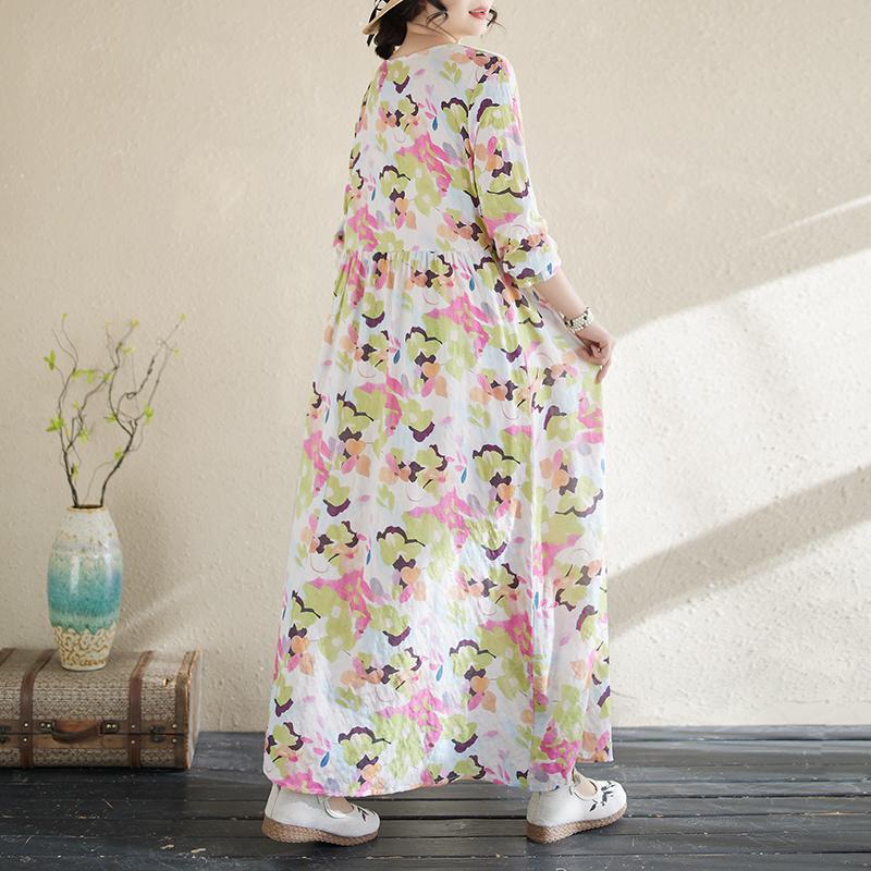 DIMANAF 2025 Women New Plus Size Spring Long Dress Vintage Basic Long Sleeve Loose Casual Maxi O-Neck Printing