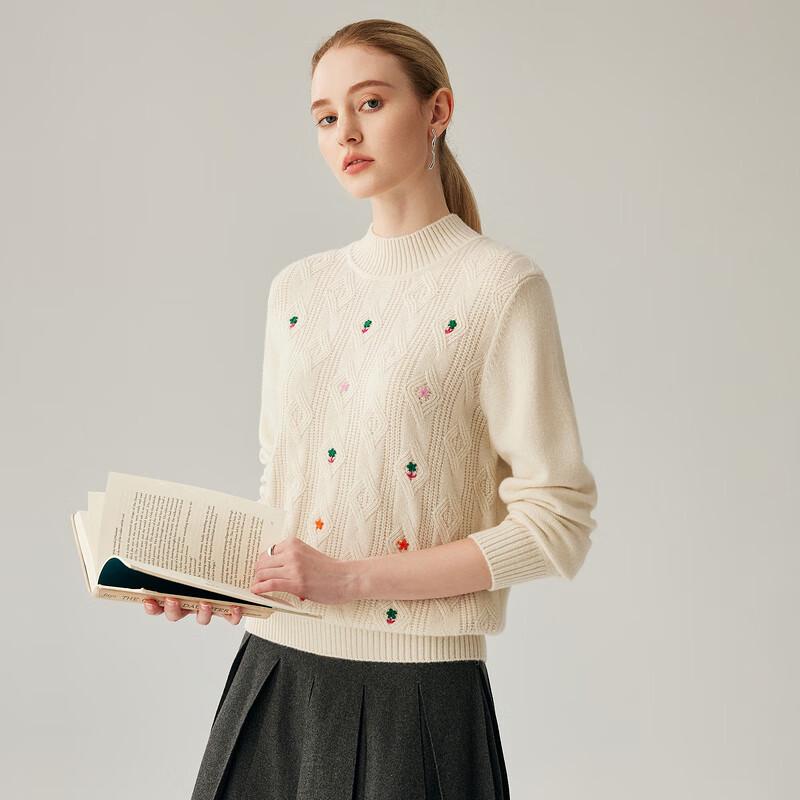 Women's 100% Cashmere Embroidered High-Neck Sweater