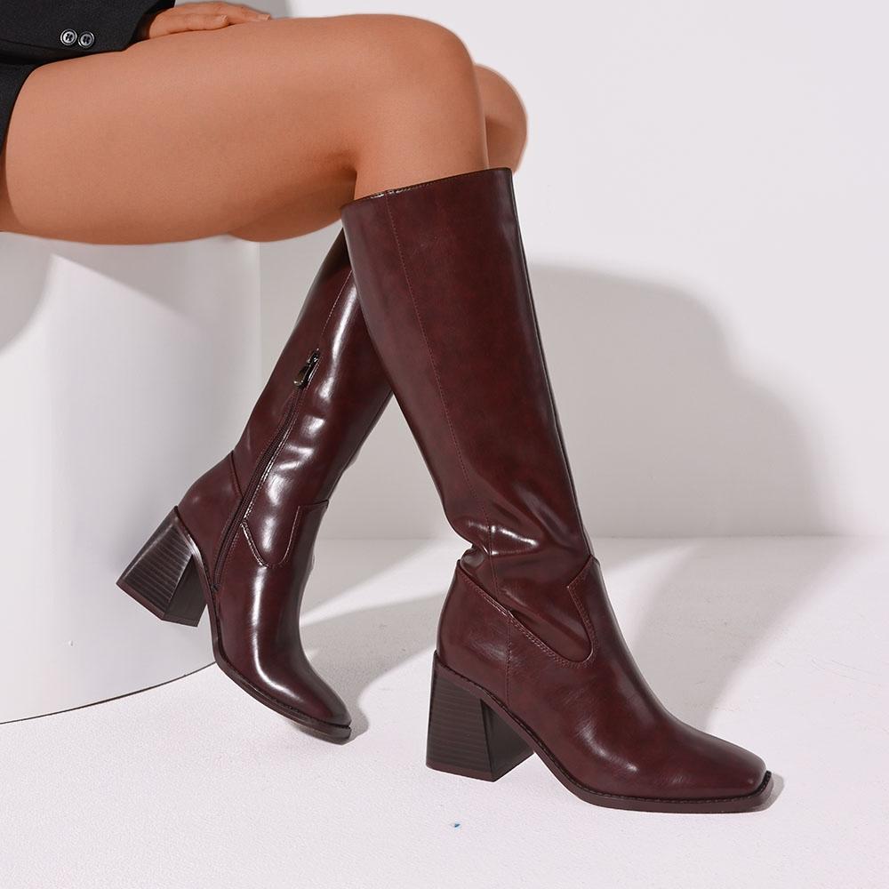 Women'S Fashion Knee High Boots Square Toe Chunky High Heels Motorcycle Combat Long Booties For Women Street Classic Comfort Sho